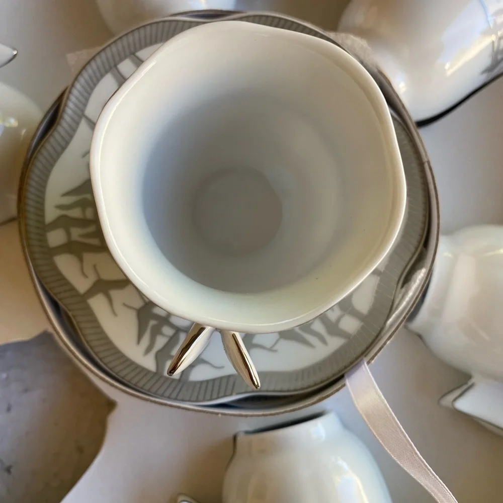 COFFEE by A.I. Vintage Espresso Porcelain Set of 6 Cups&Saucers White Silver NEW